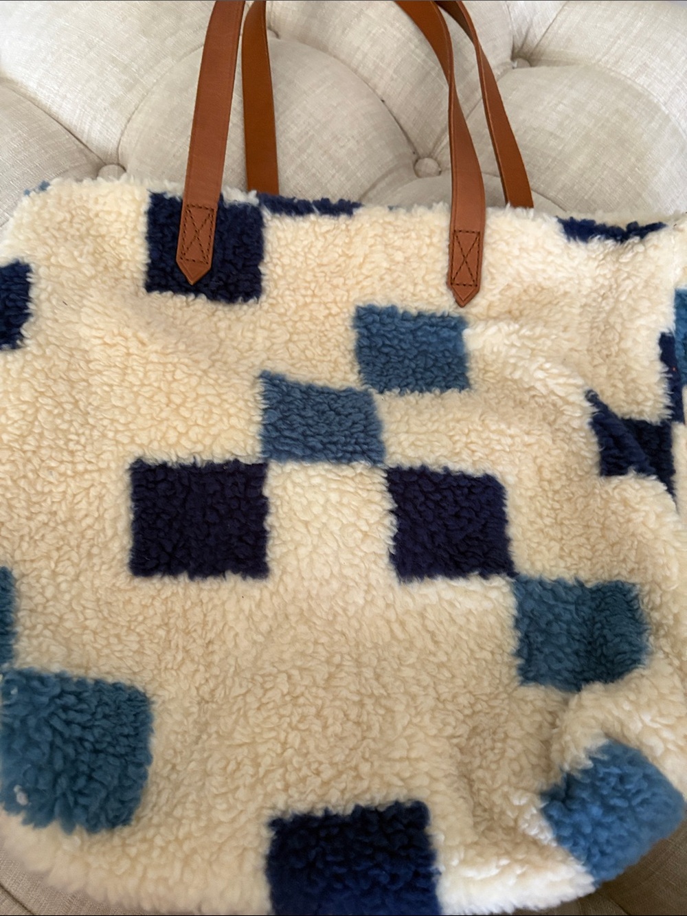 Madewell Cream Shearling Tote with Blue Check Squares